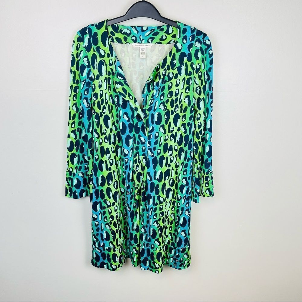 Diane Von Furstenberg Gaby Green and Black Silk Leopard Tunic Dress Size 4 - Picture 2 of 6